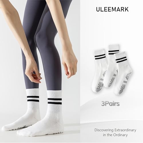 Non-Slip Women's Pilates Yoga Socks - Ankle Socks, 3 Pack White Stripes