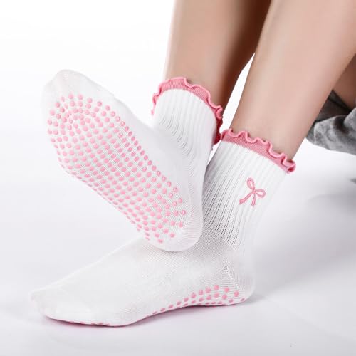 Cute Pilates Grip Socks for Women - Nonslip Yoga - Pink Bow