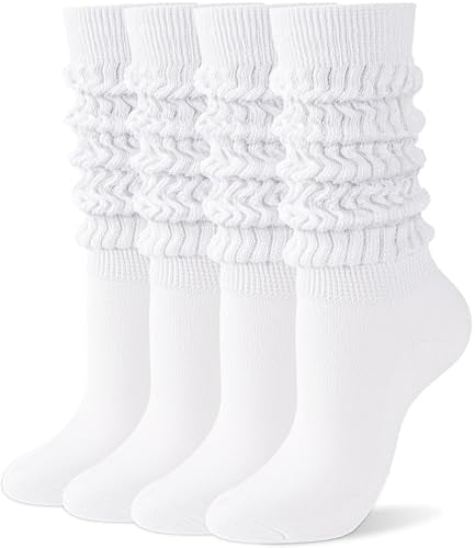 Slouchy Knee High Socks for Women - Soft Cozy Boot Socks, White, 2 Pairs