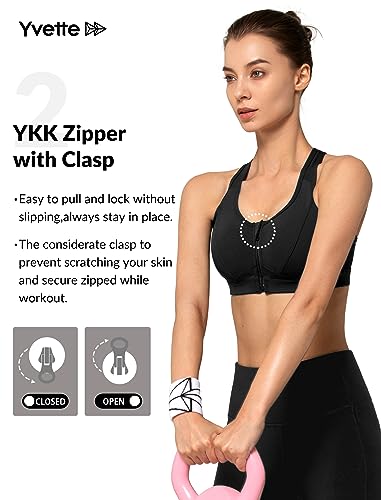 Yvette Zip Front High Impact Sports Bra for Large Bust - Medium Plus, Black