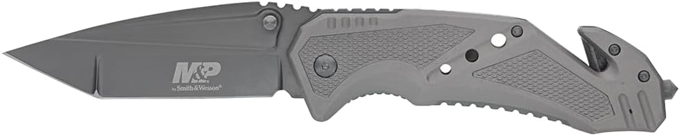Smith & Wesson M&P Folding Knife - 8.9in High Carbon Stainless Steel with 3.8in Tanto Blade | Grey Aluminum Handle for Outdoor & Tactical Use