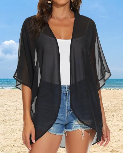 JILUVIN Women's Large Black Kimono Cardigans Beach Cover Up Summer Top