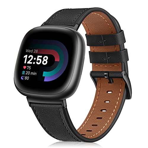 Genuine Leather Watch Band for Fitbit Versa 4/3 & Sense 2 - Black