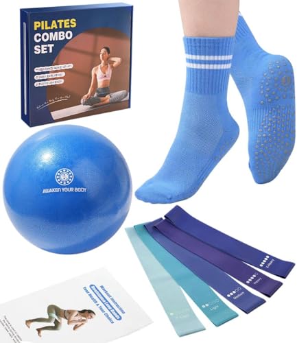 Pilates Ball Set with Resistance Bands & Grip Socks - Blue
