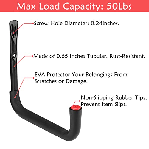 Garage Storage Ladders Hooks, 6 Pack Heavy Duty Utility Hanger, 9.8IN Wall Mount Rack Safely Holds 50 Pounds
