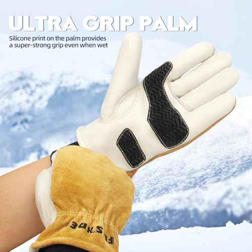 Mens Winter Work Gloves Insulated Waterproof Leather, Thinsulate Thermal Lining with Anti-Slip Palm for Cold Weather