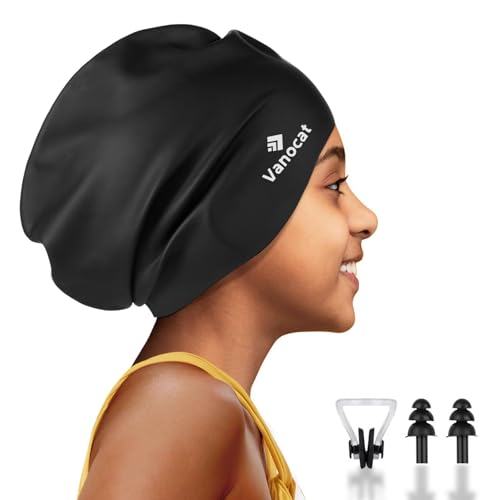 Kids Extra Large Swim Cap - Waterproof Silicone for Long Hair - Black