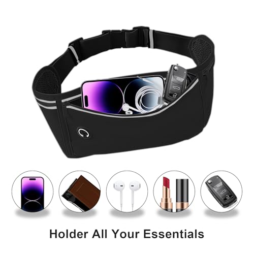 Slim Running Belt for Women & Men - Black Fanny Pack with 3 Pockets