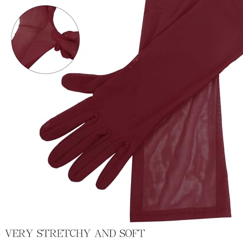 Stretchy Long Mesh Gloves for Women - Formal Opera Prom - Burgundy