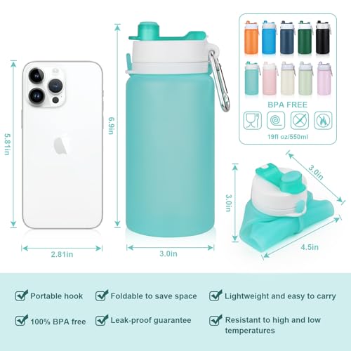 PLTCAT 19oz Collapsible Silicone Water Bottle - Green & Blue, Leak-Proof & Travel-Friendly