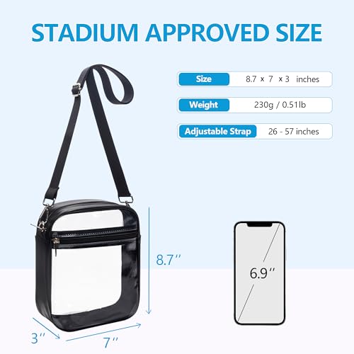 Clear Stadium Bag | Small Crossbody Purse with Vegan Leather, 8.7"x7"x3"