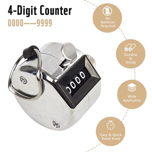 4-Digit Metal Handheld Tally Counter Clicker with Lanyard - Silver