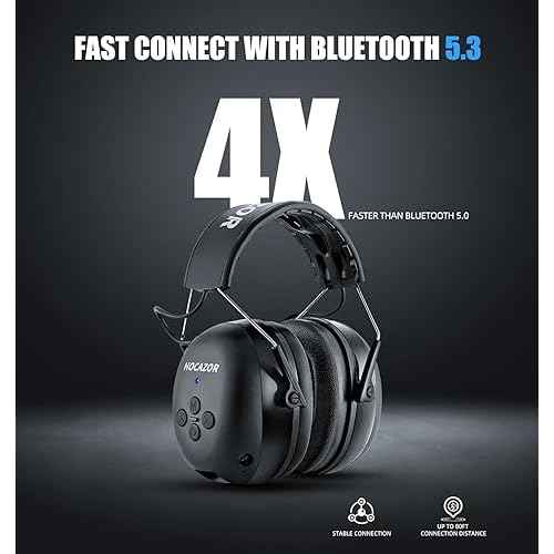 HZ07 Upgrade Bluetooth 5.3 Hearing Protection - NRR 25dB Noise Cancelling Earmuffs 40 Hours+ Playing Time with 1500mAh Rechargeable Battery for Mowing, Workshops, Black