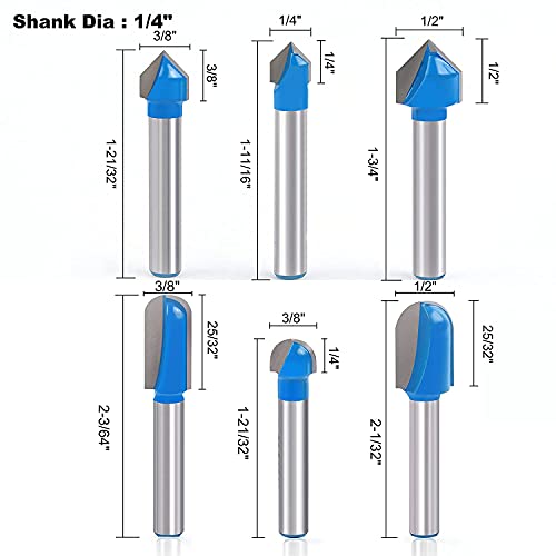 Newdeli 6Pcs Round Nose Router Bit and 90 Degree V Groove Router Bit Set 1/4" Shank Cove Box Router Bits Juice Groove Router Bits CNC Woodworking Tool