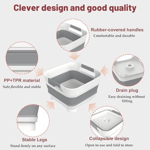 MontNorth 2.4 Gallon Gray Collapsible Wash Basin with Drain Plug, 9L Portable