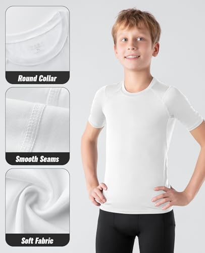 Boys Compression Shirt - Youth Athletic Quick Dry Base Layer - Small / White