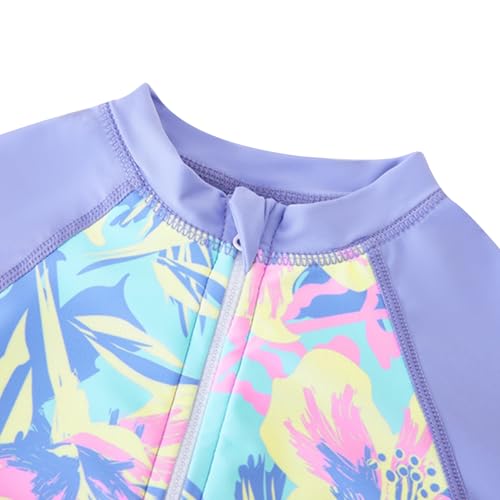 Girls Long Sleeve Rash Guard One Piece Swimsuit - UV Protection, 9-10 Years/Lavender Flower