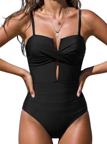 Popvil Women's One Piece Swimsuit Black Medium Tummy Control Cutout Bathing Suit