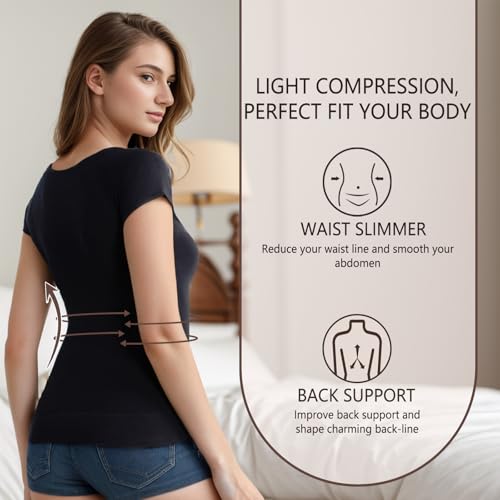 +MD Women's Seamless Short Sleeve Undershirt Black Small - Light Compression Tummy Control Tank
