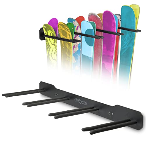 GoSports Wall Mount Ski & Snowboard Rack - Holds 8 Skis or 4 Snowboards, Black, 8-Set Version