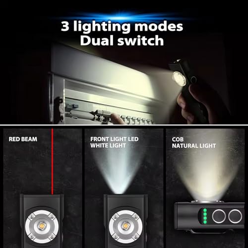 Rechargeable EDC Magnetic Flashlight, Red Laser Combo & Dimmable & USB Output, 370lm Triple Sources Mini Flat Work light with Clip & Hook, Portable Pocket Small LED Flash Lights for Emergency Camping