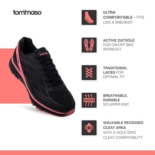 Tommaso Women's Cycling Shoes with SPD Cleats - Black/Pink, Easy Walk-In Ventilated Indoor Spin Shoes