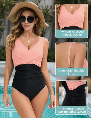 UMIPUBO Women's One Piece Swimsuit Tummy Control Sexy V Neck Bathing Suit Slimming Adjustable Push Up Swimwear