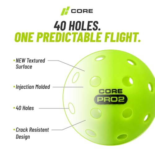 CORE PRO2 Outdoor Pickleball Balls 12 Pack - Textured Lime Green, 40-Hole Design, Crack-Resistant for Hard Courts