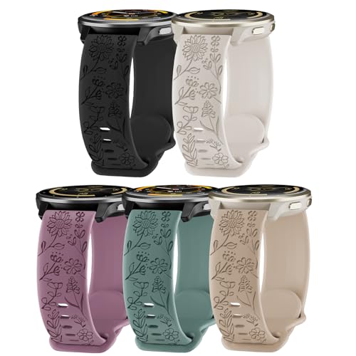 22mm Floral Engraved Watch Bands - 5 Pack in Black, Starlight, Smoky Purple, Pine Green, Milk Tea