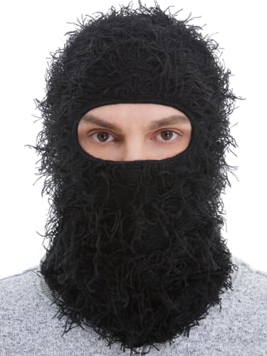Distressed Knitted Full Face Balaclava Ski Mask - Black