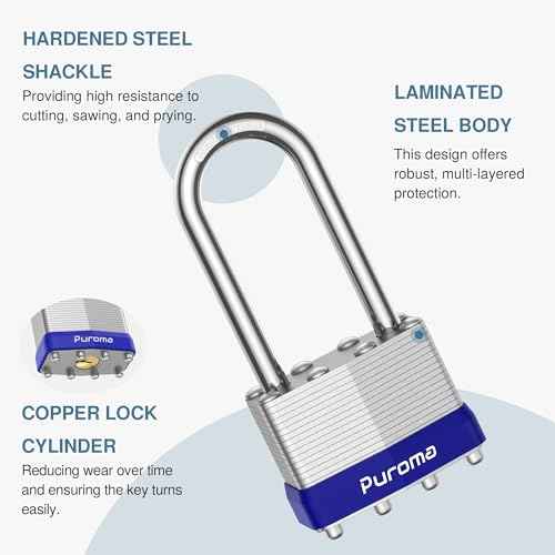 Puroma Lock 6 Pack Padlocks, 2¡± Long Shackle Heavy-Duty Locks with 2 Keys, 40mm Hardened Steel Keyed Alike Padlocks for Sheds, Gates, Fences, Toolbox, Outdoor and Indoor Use£¨Silver£©