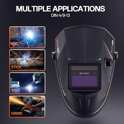 HITBOX Welding Helmet Auto Darkening, 3.66"x1.69" Viewing Screen True Color Welding Hood, 4/9-13 Welding Mask Wide Shade for Grind TIG MIG ARC Welder Hood with Solar Powered