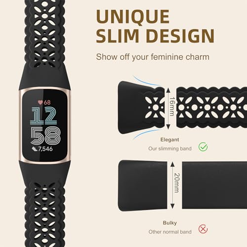 Maledan Floral Lace Silicone Watch Bands for Fitbit Charge 5/6, Black/Blue Gray, 5.5-8.2 inch Wrist