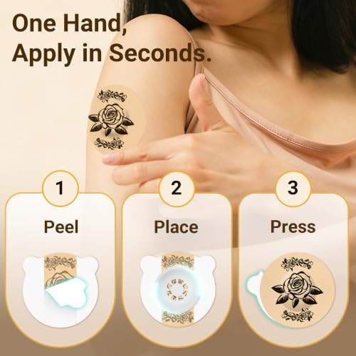 Amolyfe Tattoo Rose Waterproof Sensor Covers for Libre 3 & Plus, 20 Pack - Skin-Like Bump-Proof Hard Cap for Seamless, Secure Fit