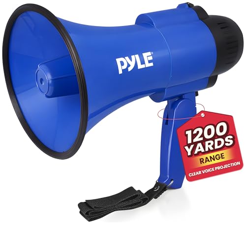 Pyle Blue Compact 30W Battery Megaphone with Siren, 1200 Yards Range, Foldable Handle