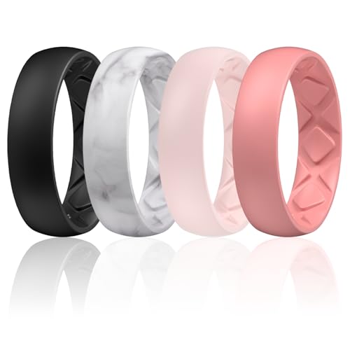 Silicone Wedding Rubber Band Ring Set - 6mm Wide, Ergonomic - Black, Marble, Whitepink, Faint Red