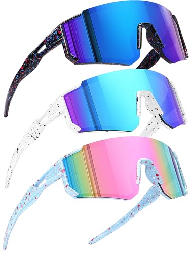Youth Baseball Sunglasses with UV400 Protection - 3 Pack - Black/Blue, White/Blue, Pink/Blue