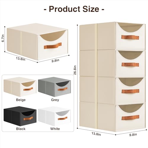 Stackable Storage Drawers - Collapsible Storage Bins with Drawers, 4 Pack Closet Shelf Organizer Basket, Fabric Pull Out Organizer for Bedroom, Living Room, Dorm, Beige