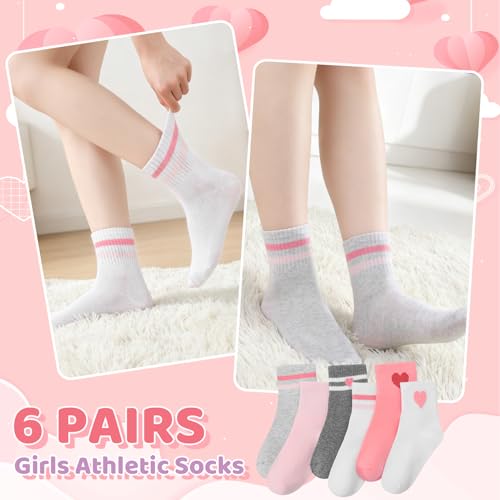 Girls Cotton Crew Socks Set - 6 Pairs with Striped Heart & Bow Patterns - Ages 6-8, Pink White Gray