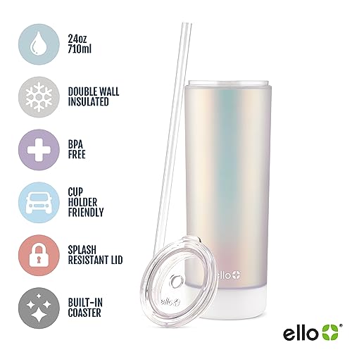 Ello Monterey 24oz Silver Double Walled Insulated Plastic Tumbler with Straw & Coaster