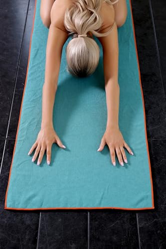 Hot Yoga Towel with Grip Dots - Non-Slip, Absorbent - 72" x 24" - Dark Cyan/Steel Blue
