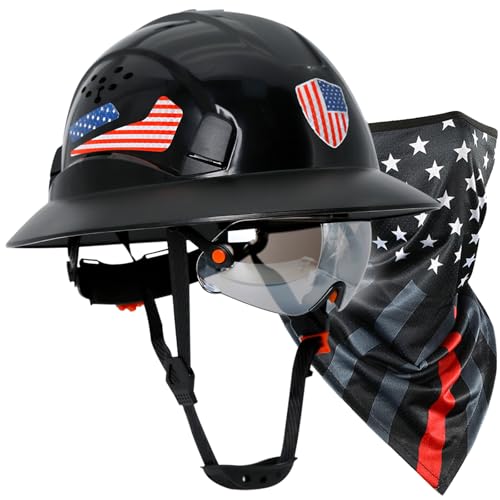 Full Brim Hard Hats Construction OSHA Approved with Visor-Vented Hard Hat with Neck Gaiter with Ear Loops,Safety Hard Hats for Men with Chin Strap ANSI Z89.1 Type 1 Class C,6-pt Suspension