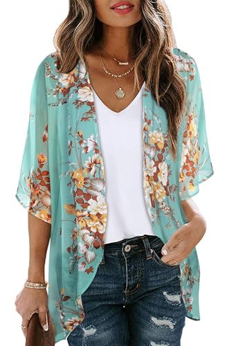 CHICGAL Womens Aqua Blue Floral Kimono Cardigan Beach Cover Up - Casual Summer Top, Medium