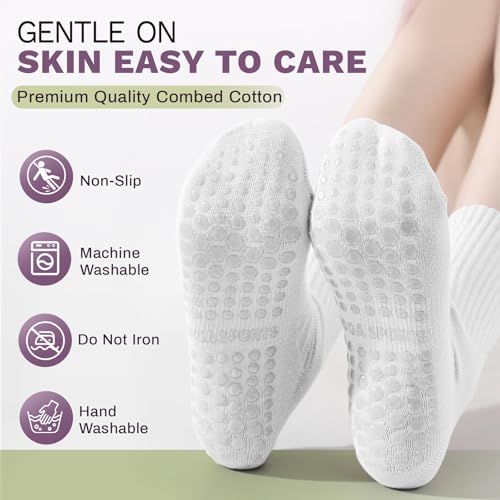 Non-Slip Pilates Socks with Grips for Women - 3 Pairs, White