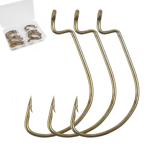 80PCS EWG Bass Fishing Hooks - Gold 1/0 Offset Worm Hooks