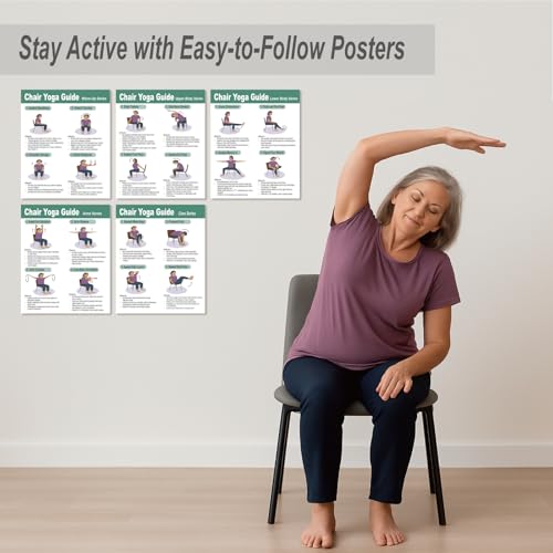 Chair Yoga Poster Set for Seniors - 5 Illustrated Guides & 5 Challenges