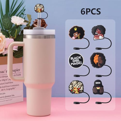 Cute Black Girl Straw Cover Caps - 6 Pack for Stanley Cups