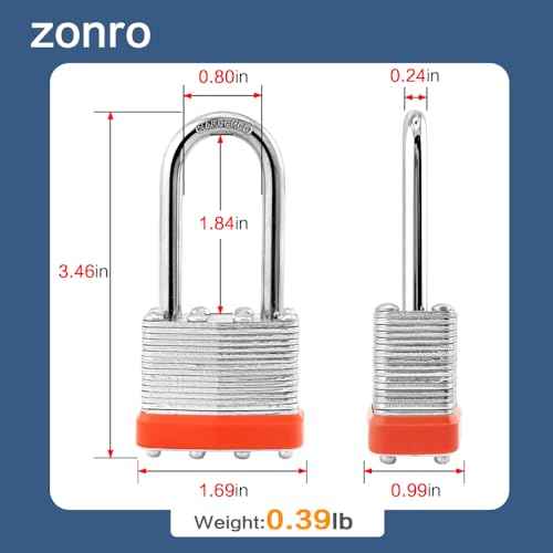 ZonRo Locks Laminated Steel Keyed Padlocks,Keyed Alike Locks, 1-9/16 inch Wide,Long Shackle Padlocks, Pack of 12£¬Orange Hoop, for Hasp Latch, Sheds, Fences, Storage Locker, School, Gym