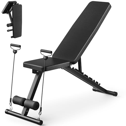 Adjustable Weight Bench - Foldable Incline Decline Flat Bench with Resistance Bands for Strength Training
