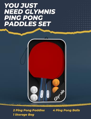 Glymnis Ping Pong Paddles Set of 4/2 Red-Black 2 Paddles with Balls